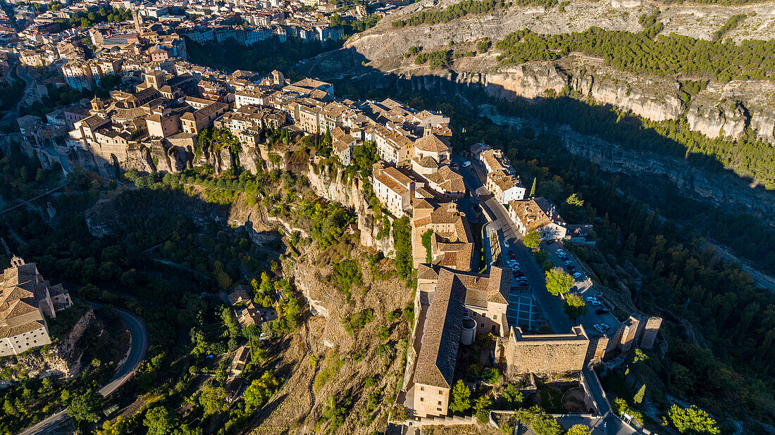 Aerial of Cuenca, UNESCO World Heritage Site, Castilla-La Mancha, Spain, Europe