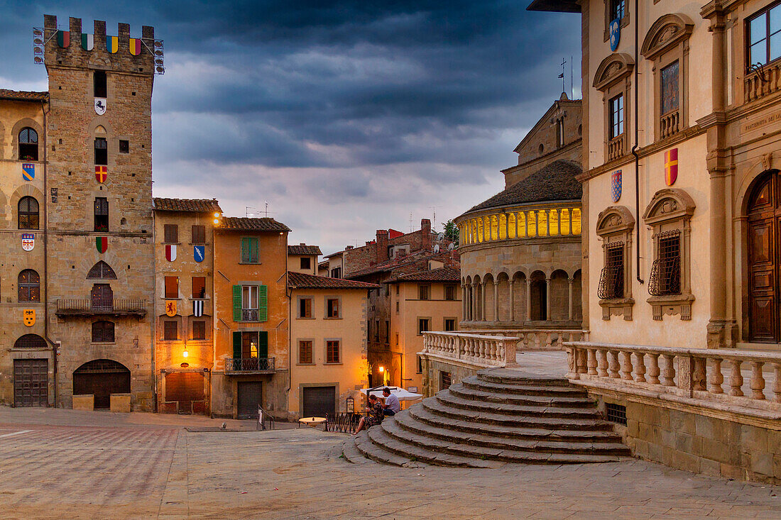 Medieval buildings in Piazza Grande, at sunset, Arezzo, Tuscany, Italy, Europe