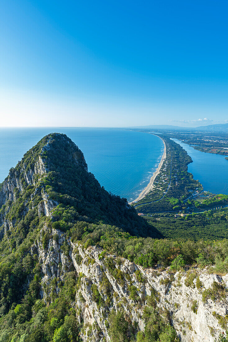 Sandy coast and lakes of Sabaudia town seen from above, Circeo National Park, Latina province, Latium (Lazio), Italy, Europe