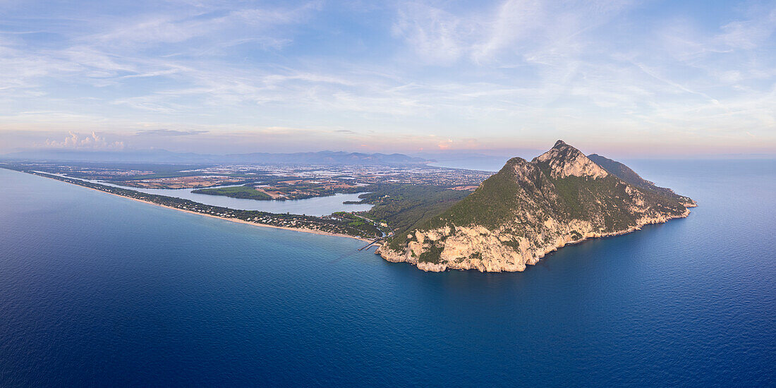 Aerial panoramic view of the two peaks of Circeo's mountain at dusk, Circeo National Park, Latina province, Latium (Lazio), Italy, Europe