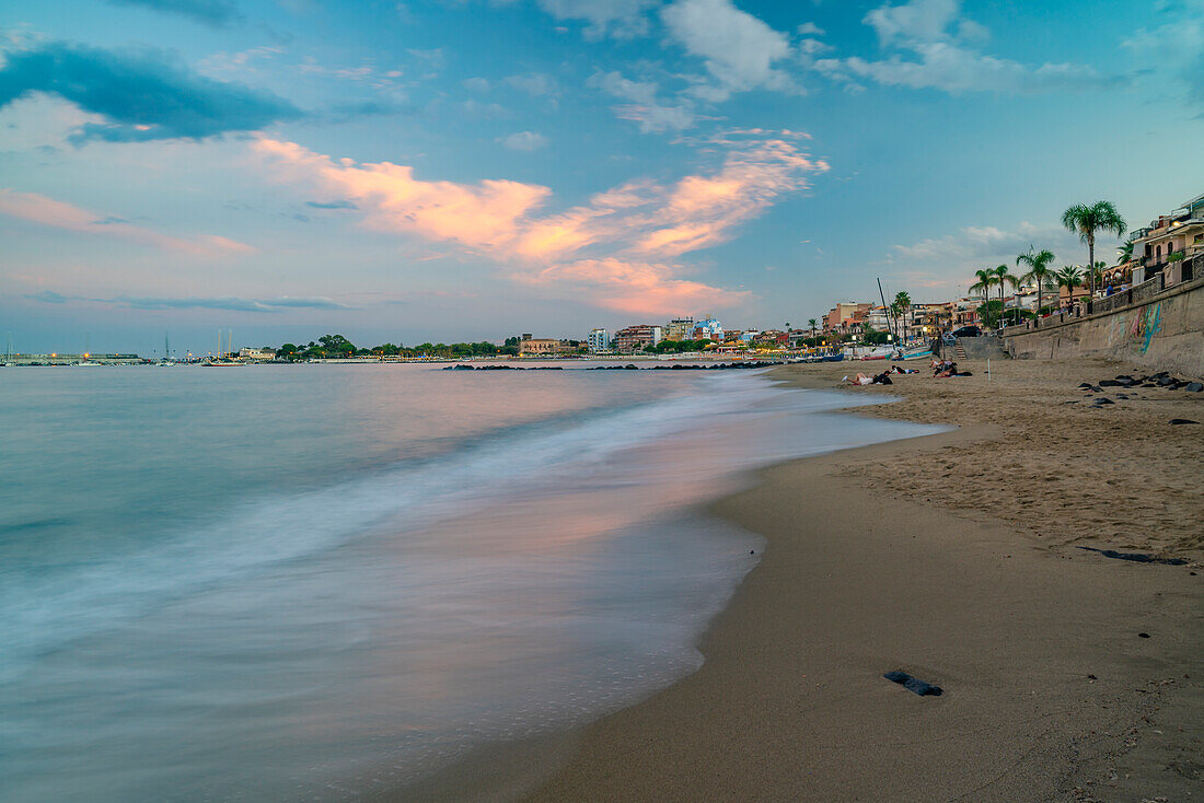 View of Giardini-Naxos beach and Giardini-Naxos Bay at sunset, Province of Messina, Sicily, Italy, Mediterranean, Europe