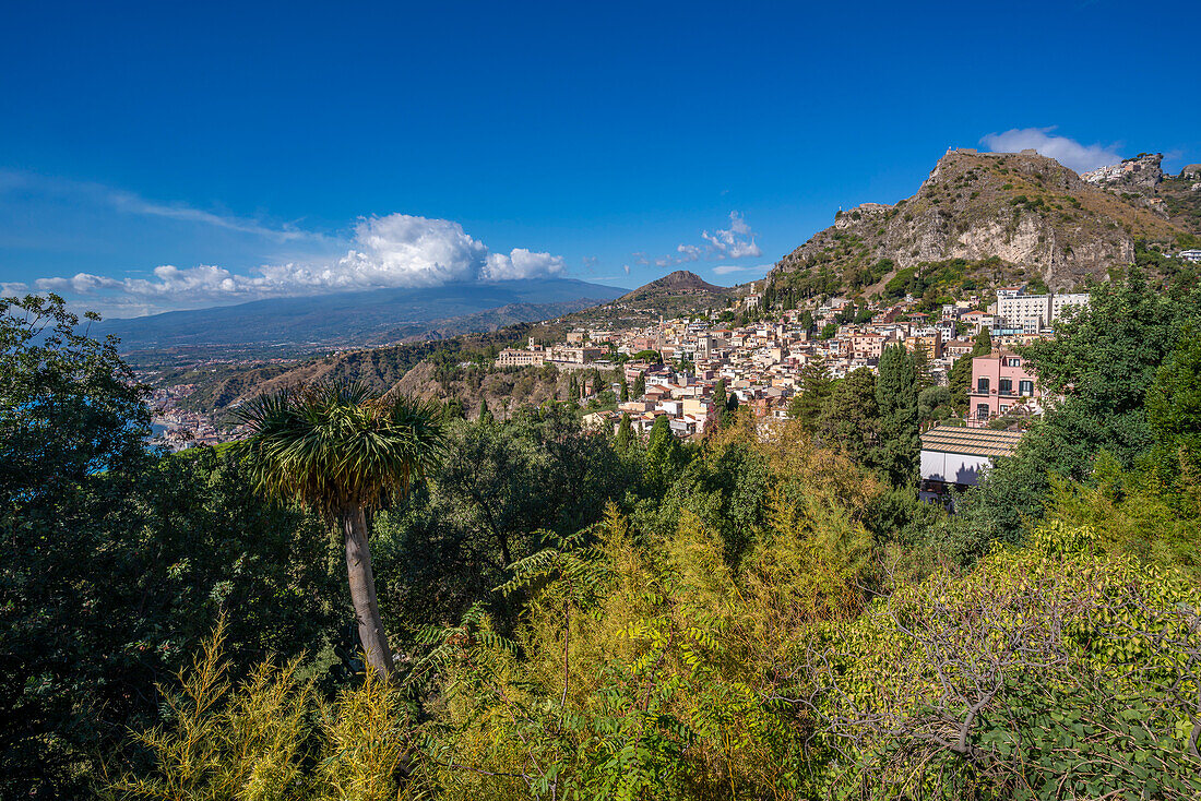View of Taormina and Mount Etna from the Greek Theatre, Taormina, Sicily, Italy, Mediterranean, Europe