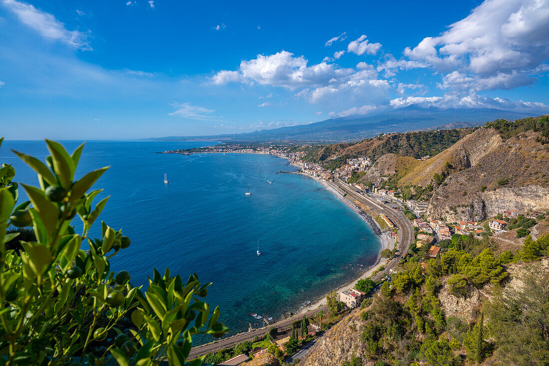 View of Taormina with Mount Etna in the background from Taormina, Taormina, Sicily, Italy, Mediterranean, Europe