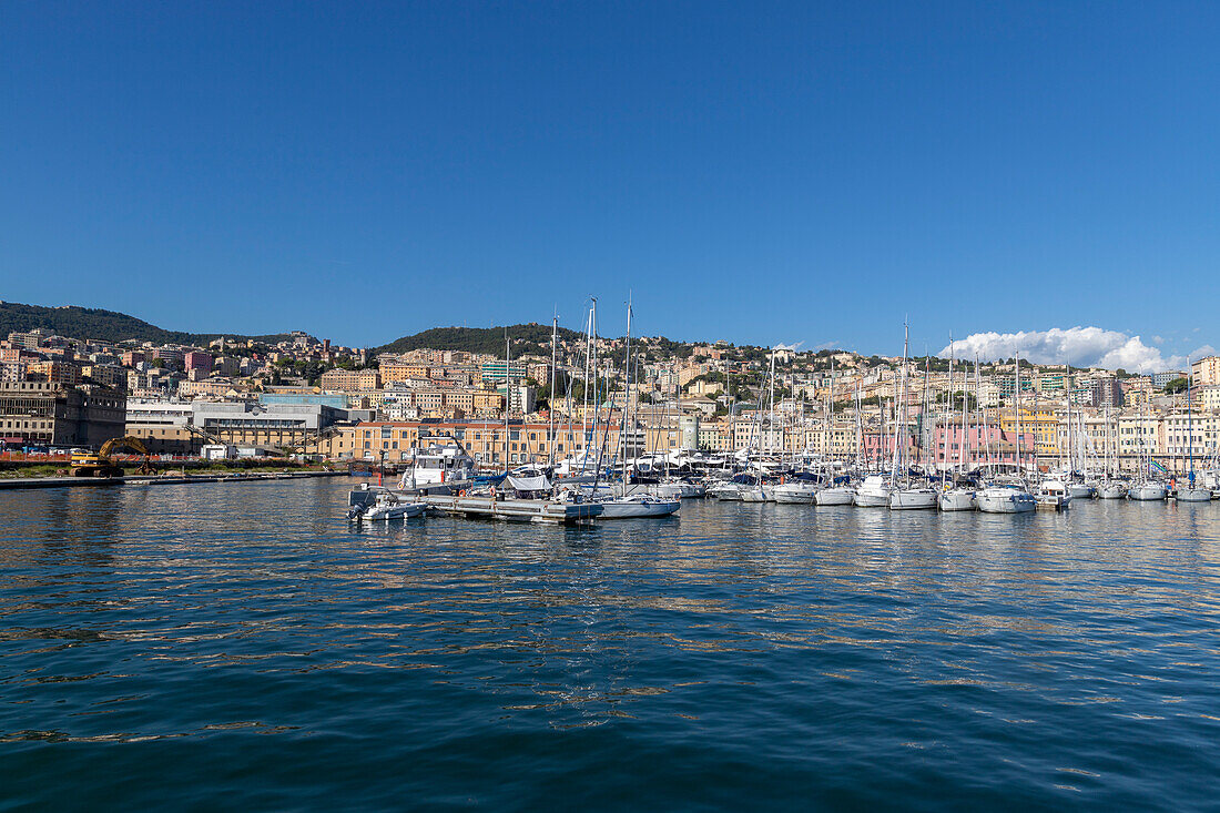 Boats moored in the ancient harbor, Genoa, Liguria, Italy, Europe