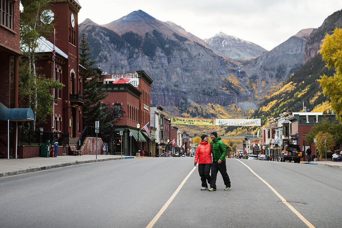 People walking on town street