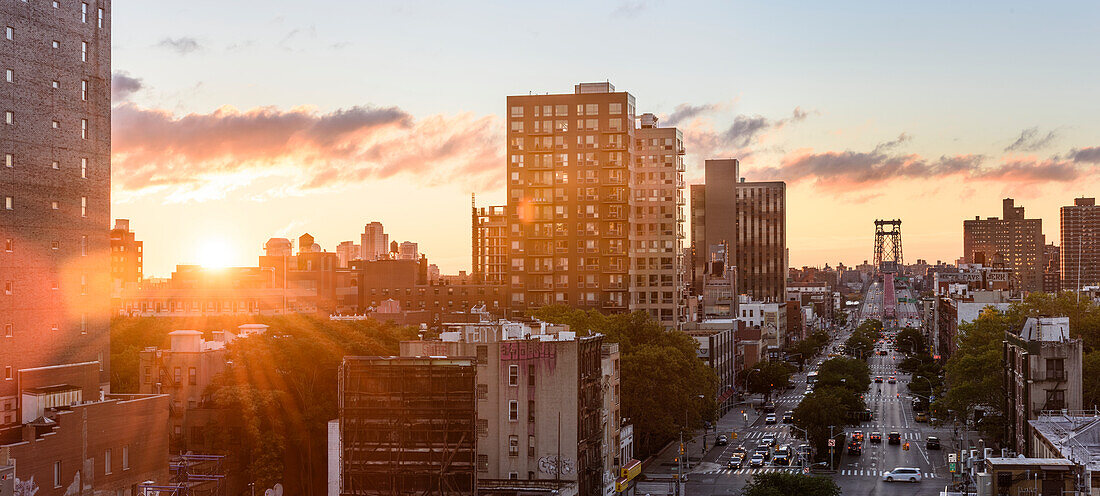 City buildings at sunset