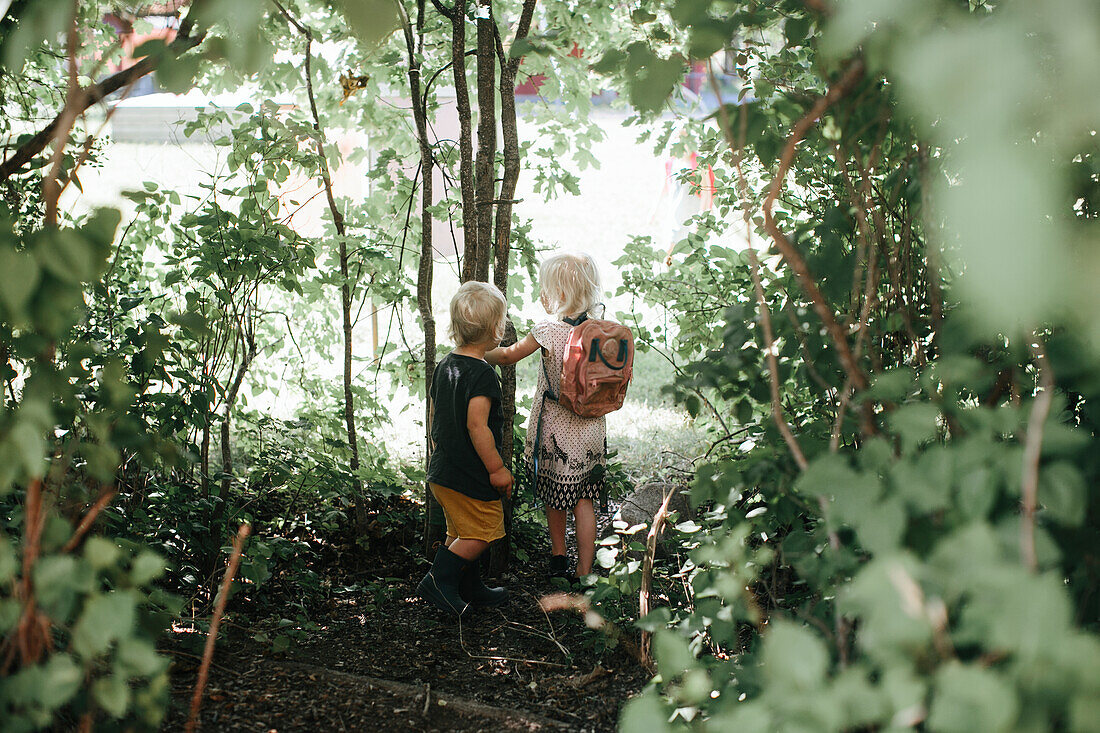 Children walking through woods