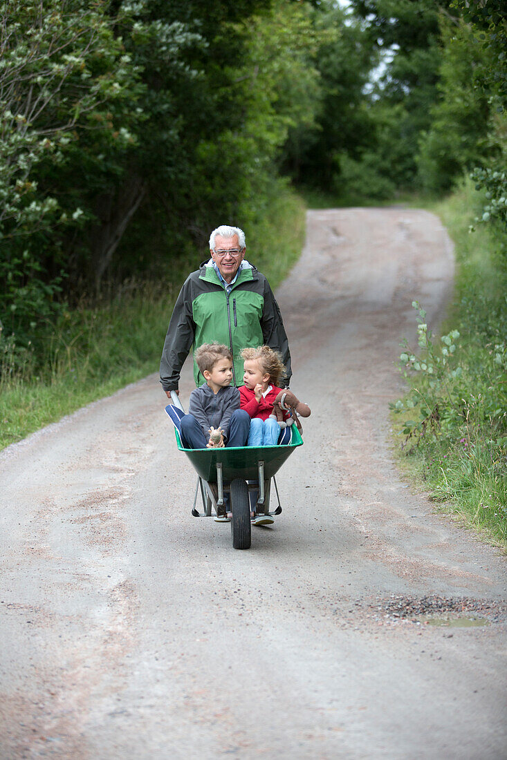 Grandfather pushing wheelbarrow with grandchildren
