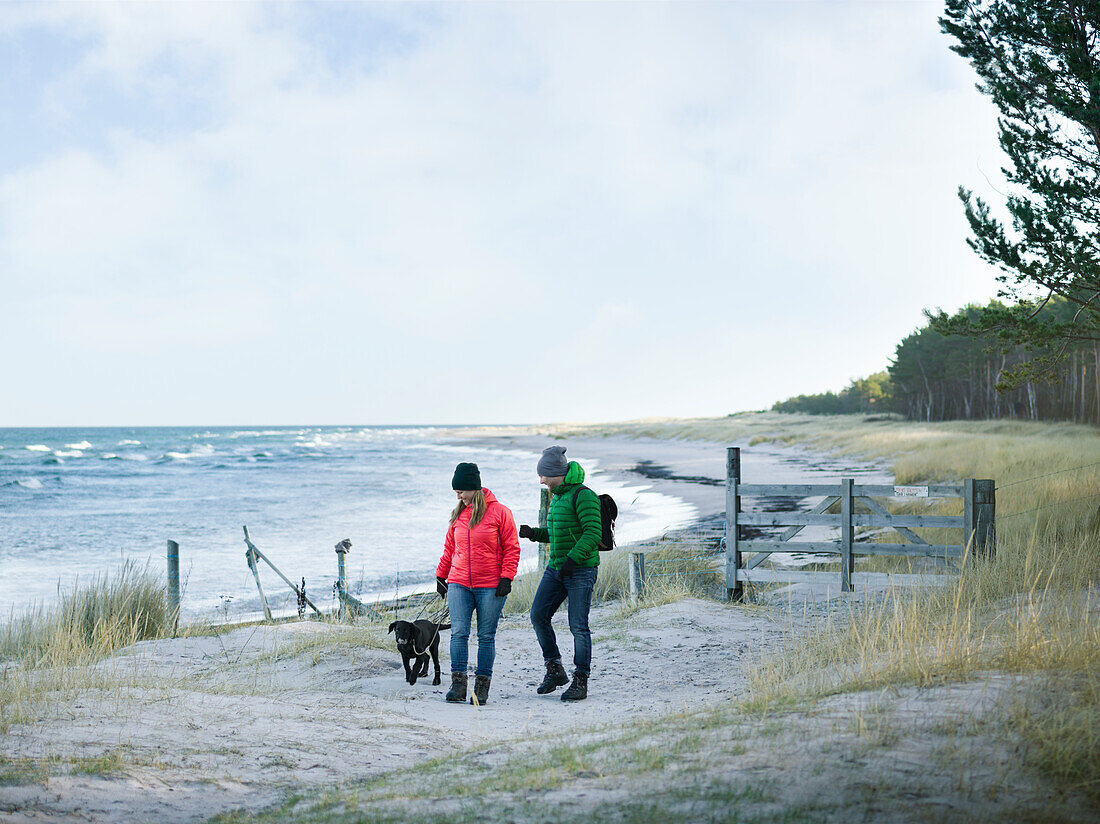 Couple with dog walking at sea