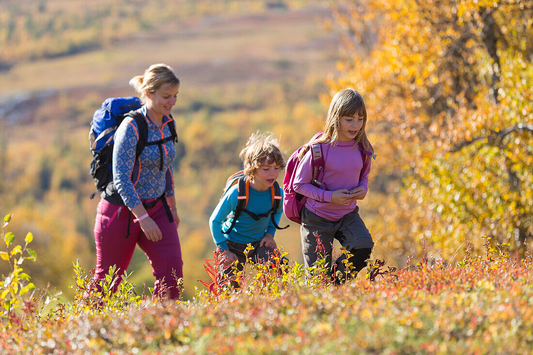 Mother hiking with children