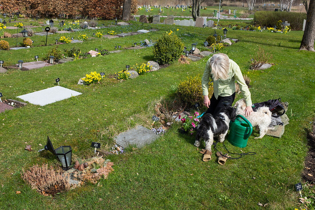 Frau mit Hunden auf Tierfriedhof