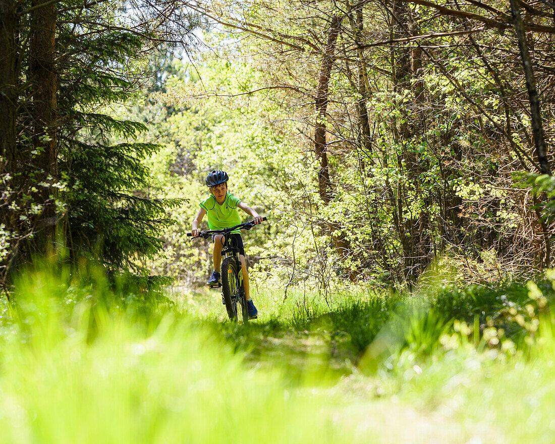 Boy cycling through forest