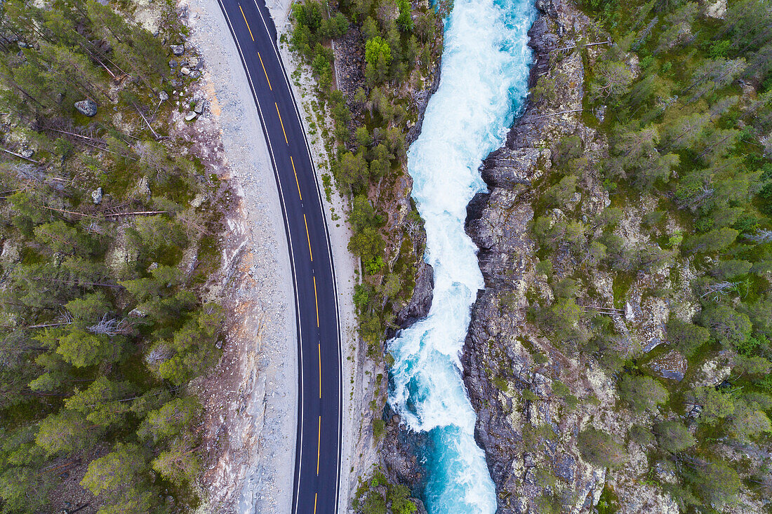 Aerial view of empty road and river