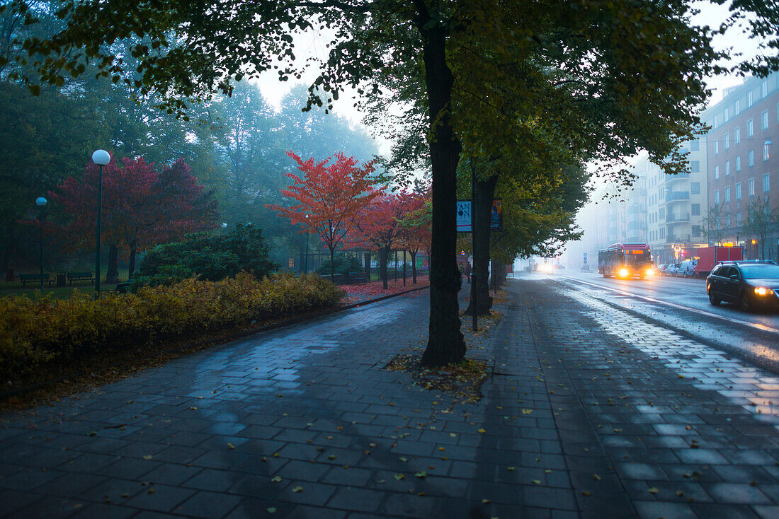 Ruhige Straße in einer Stadt bei Regen