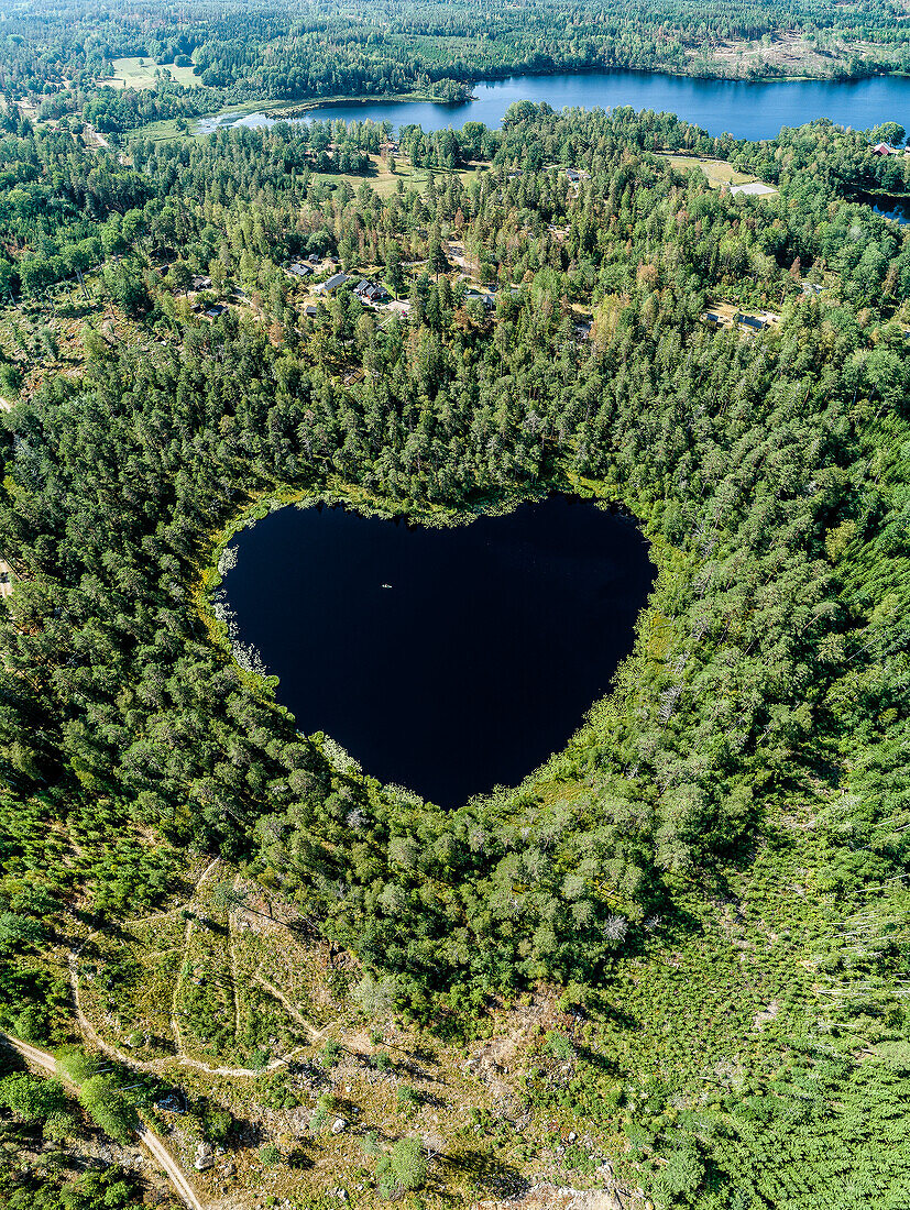 Aerial image of heart shaped lake