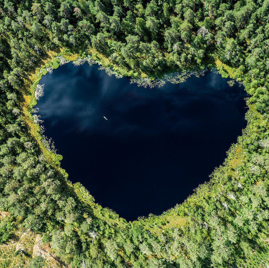 Aerial image of heart shaped lake