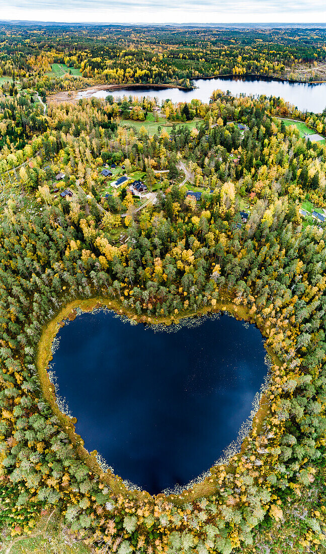 Herzförmiger See umgeben von Wald