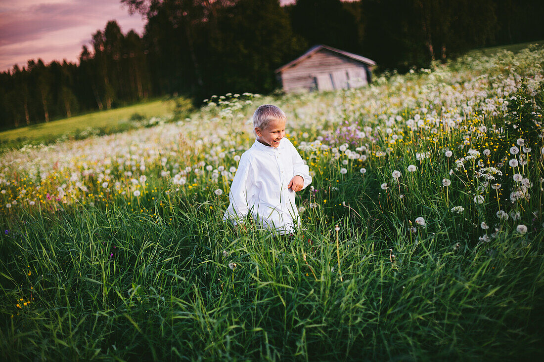 Boy walking through meadow