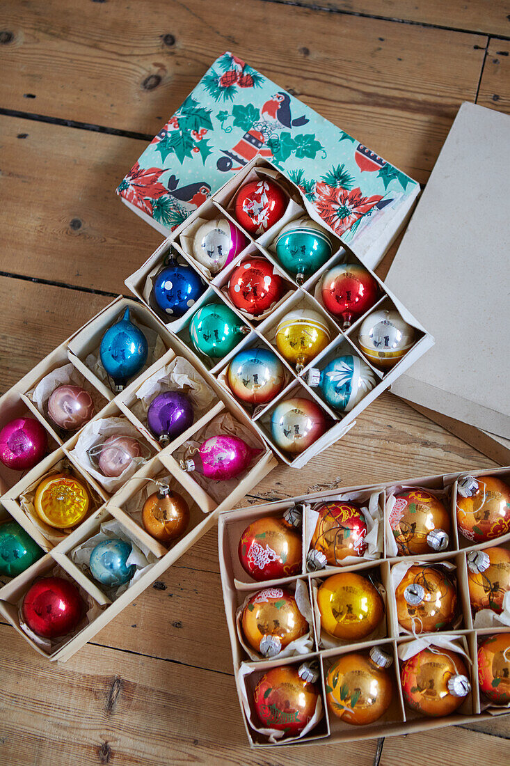 Christmas baubles in boxes