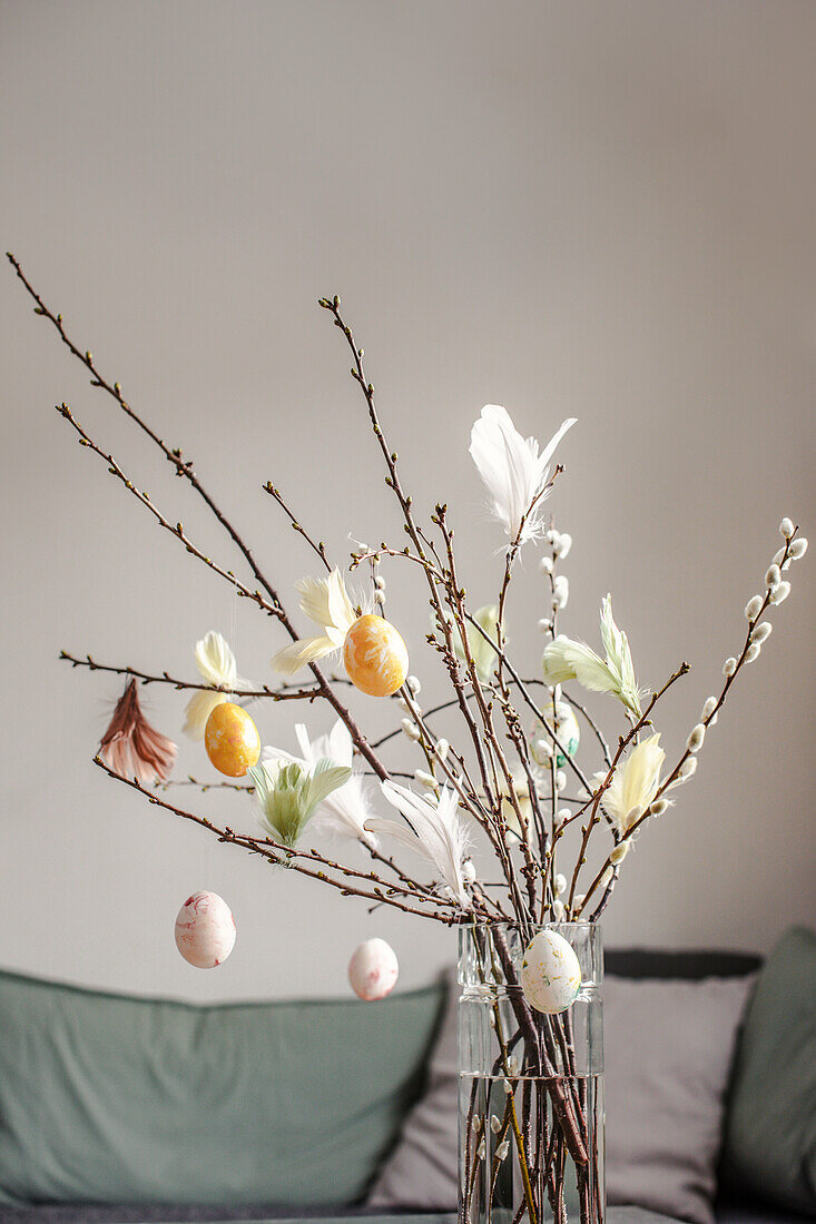 Twigs with hanging Easter eggs