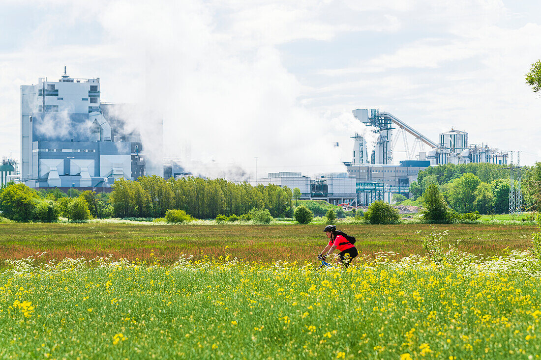 Woman cycling, factory buildings in background