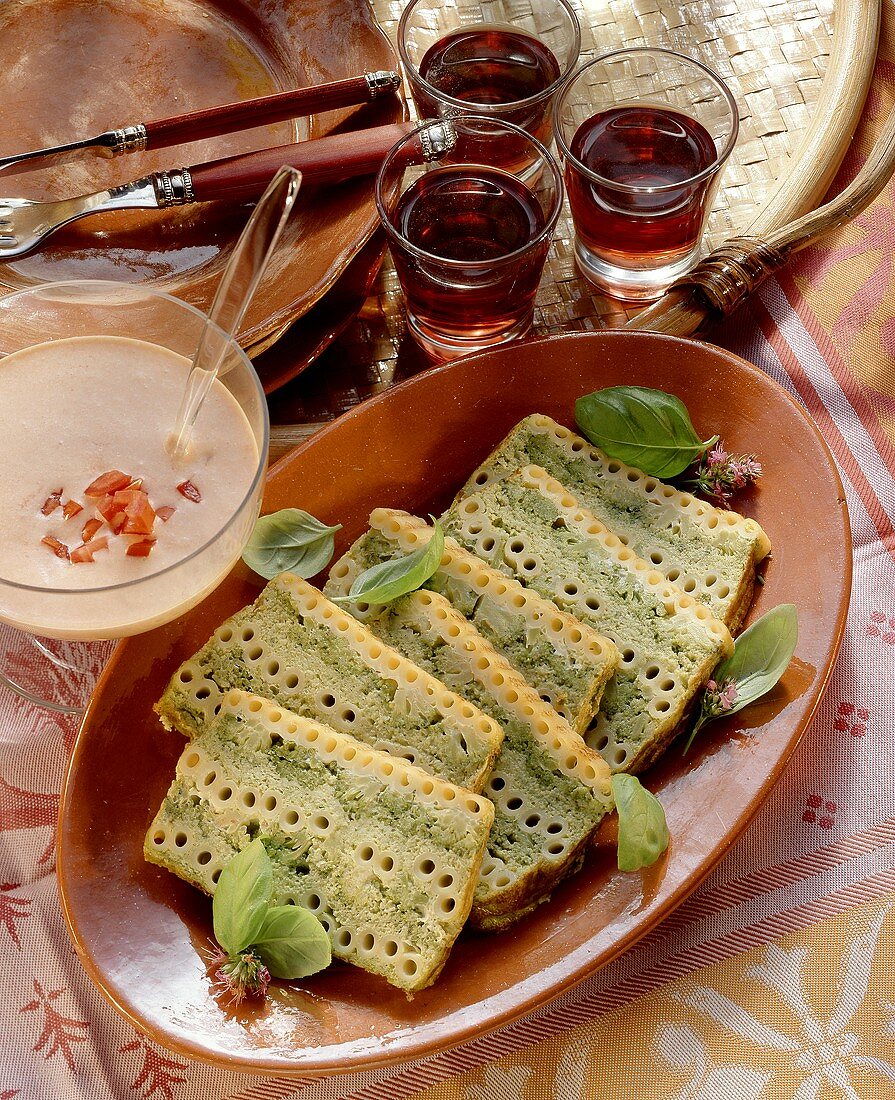 Macaroni and broccoli terrine with tomato mousse