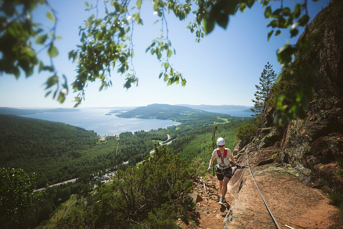 Mountain climber and sunny summer landscape