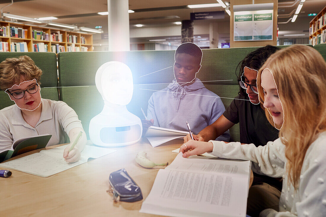 Students studying in library with robotic voice assistant