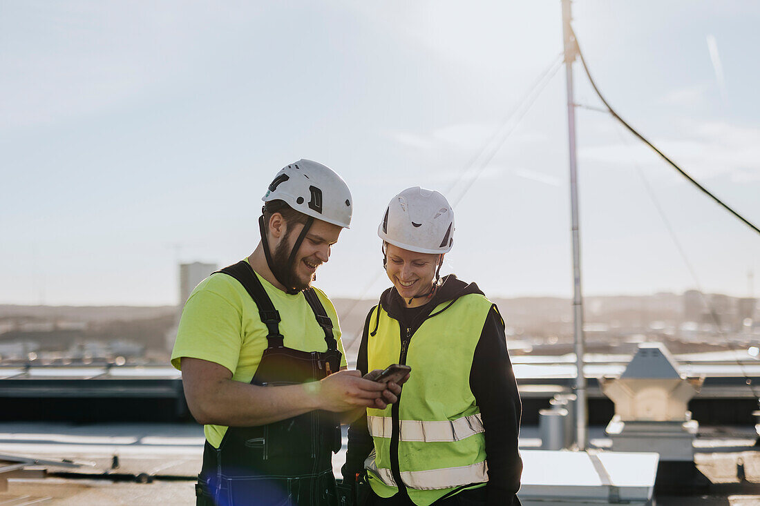 People talking at construction site