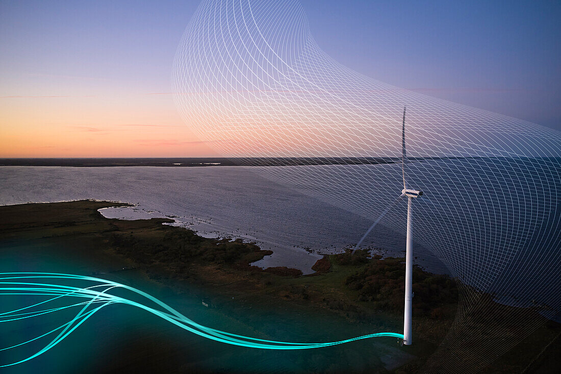 Aerial view of wind turbine at sea coast