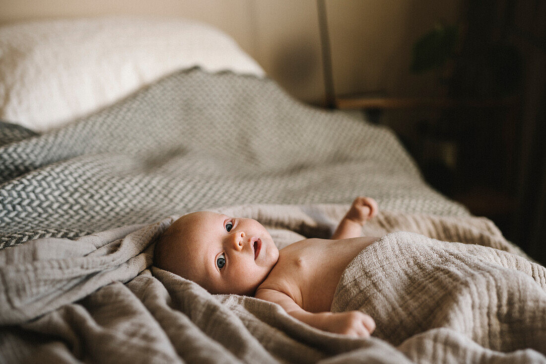 Portrait of newborn baby lying in bed
