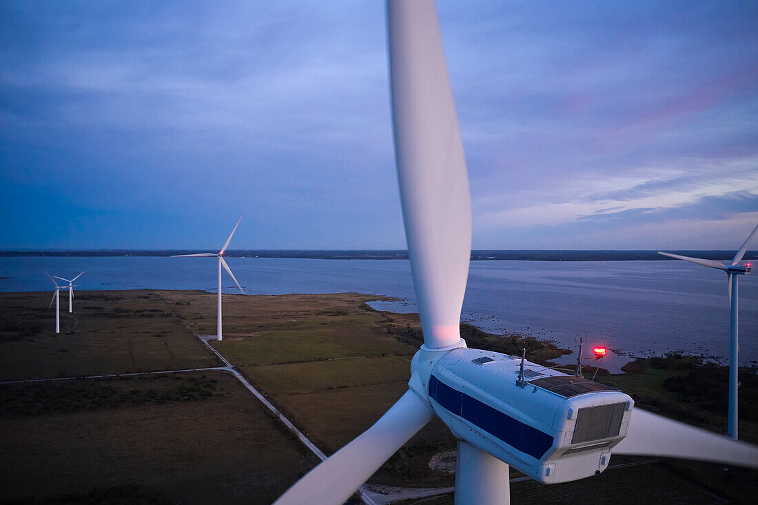 Wind turbines at lake