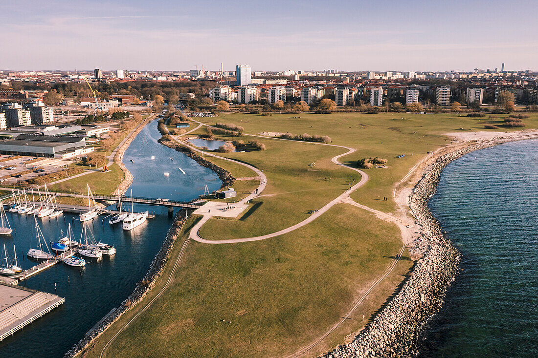 Aerial view of small marina and waterfront district