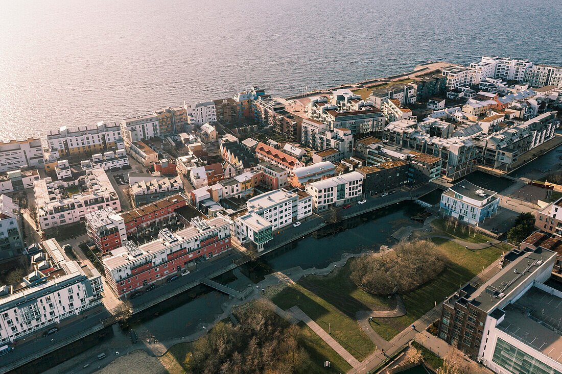 Aerial view of residential buildings on sea coast