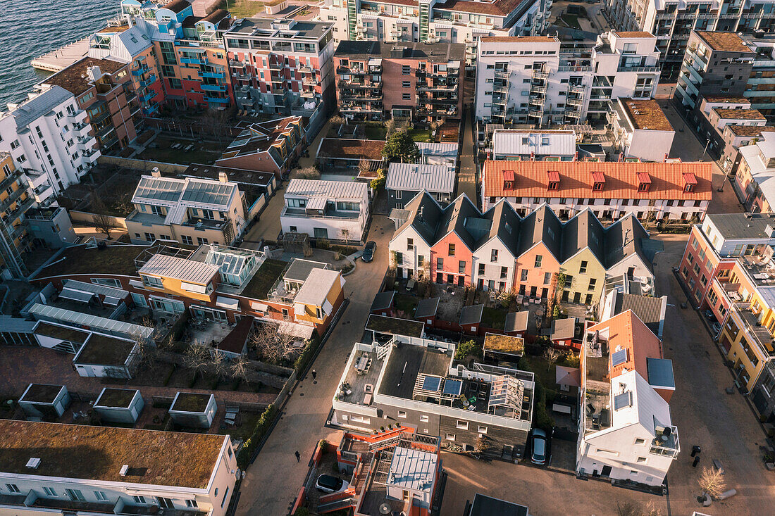 Aerial view of residential buildings on sea coast