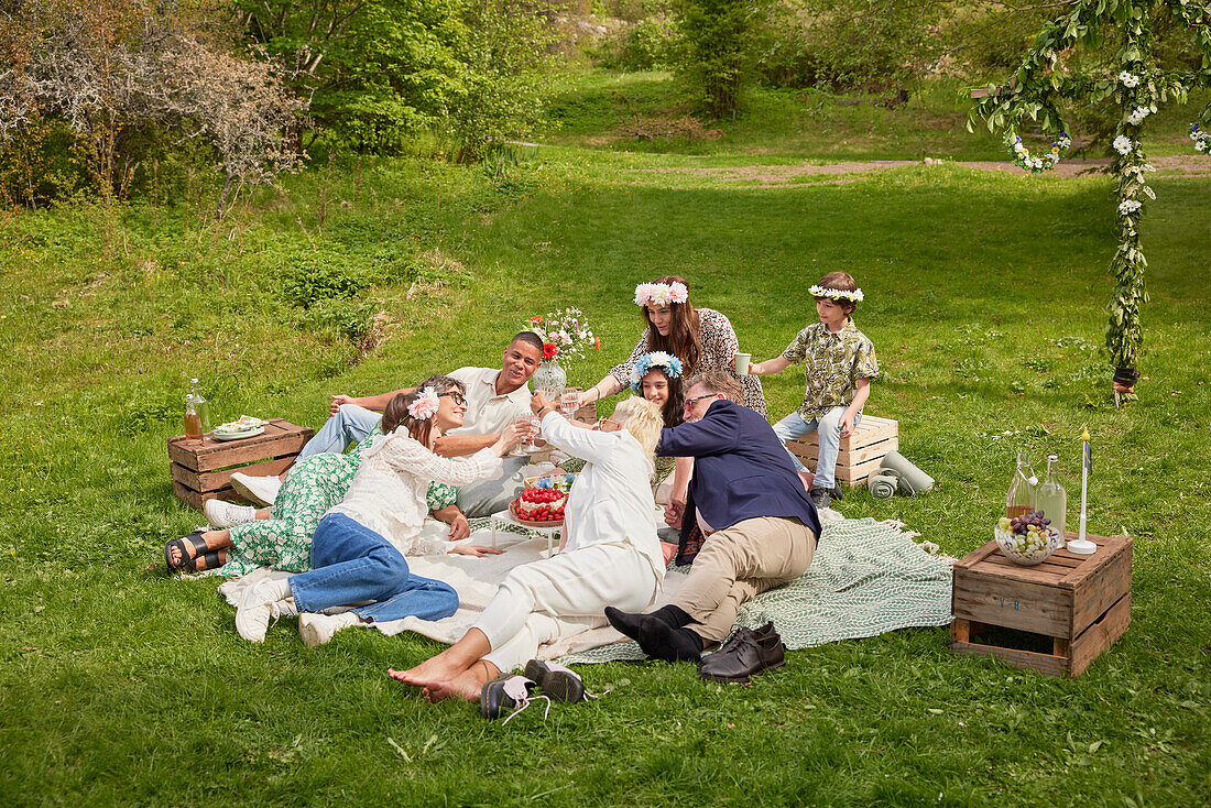 Family having picnic on grass