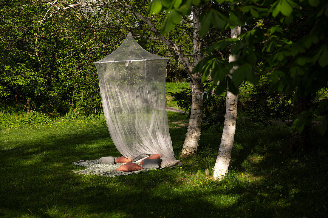 Pillows and bed canopy in garden