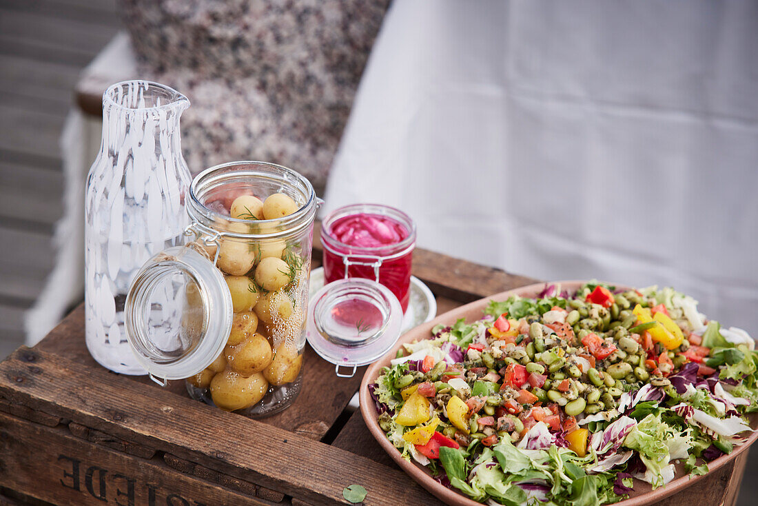 Salad and snacks in jars