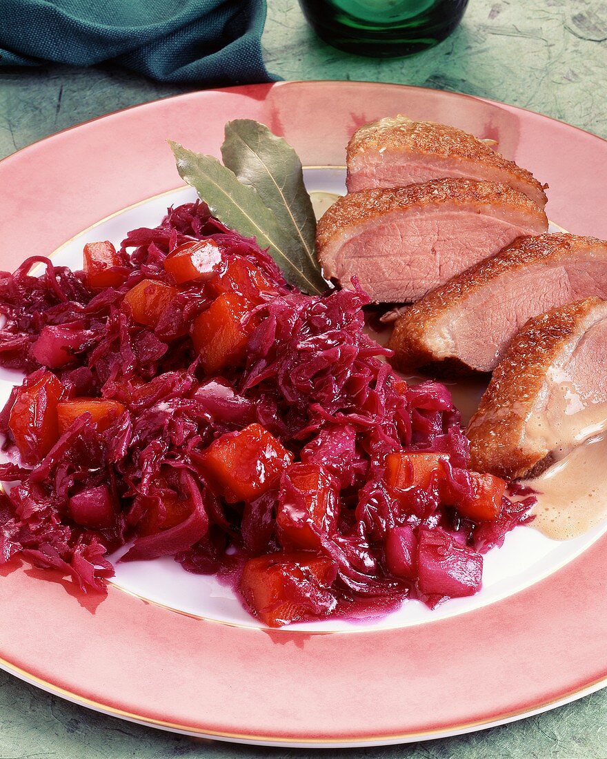 Tender duck breast with apple and red cabbage