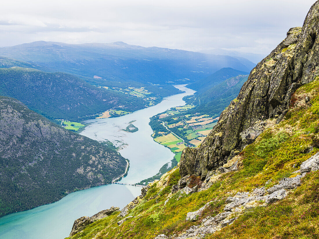 High angle view of river at mountains