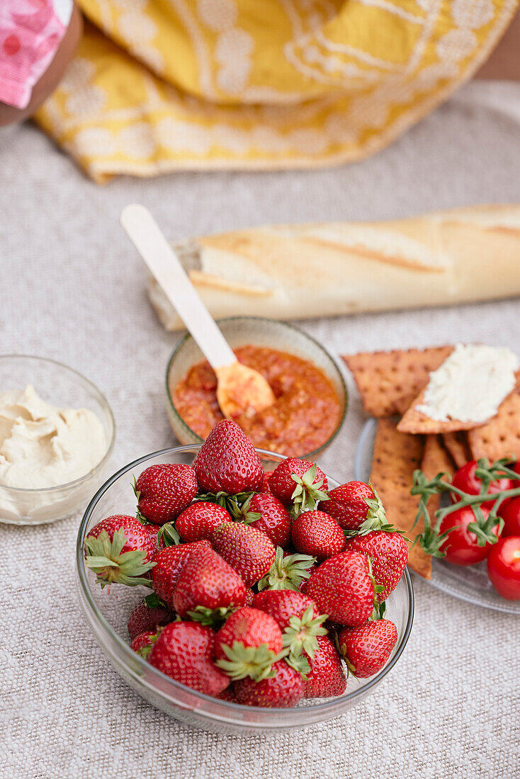 Schale mit Erdbeeren beim Picknick