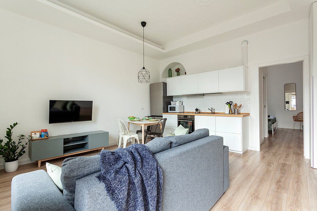 Grey upholstered sofa in the living room, white kitchenette in the background