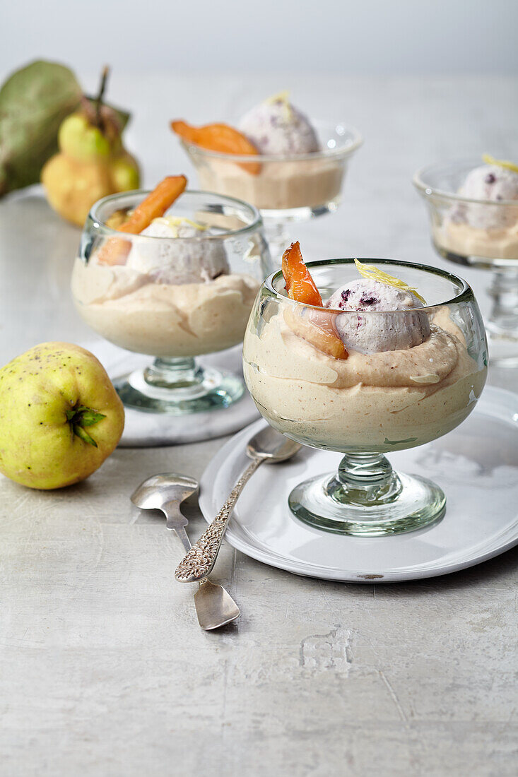 Quince mousse with candied ginger and Tasmanian pepper ice cream