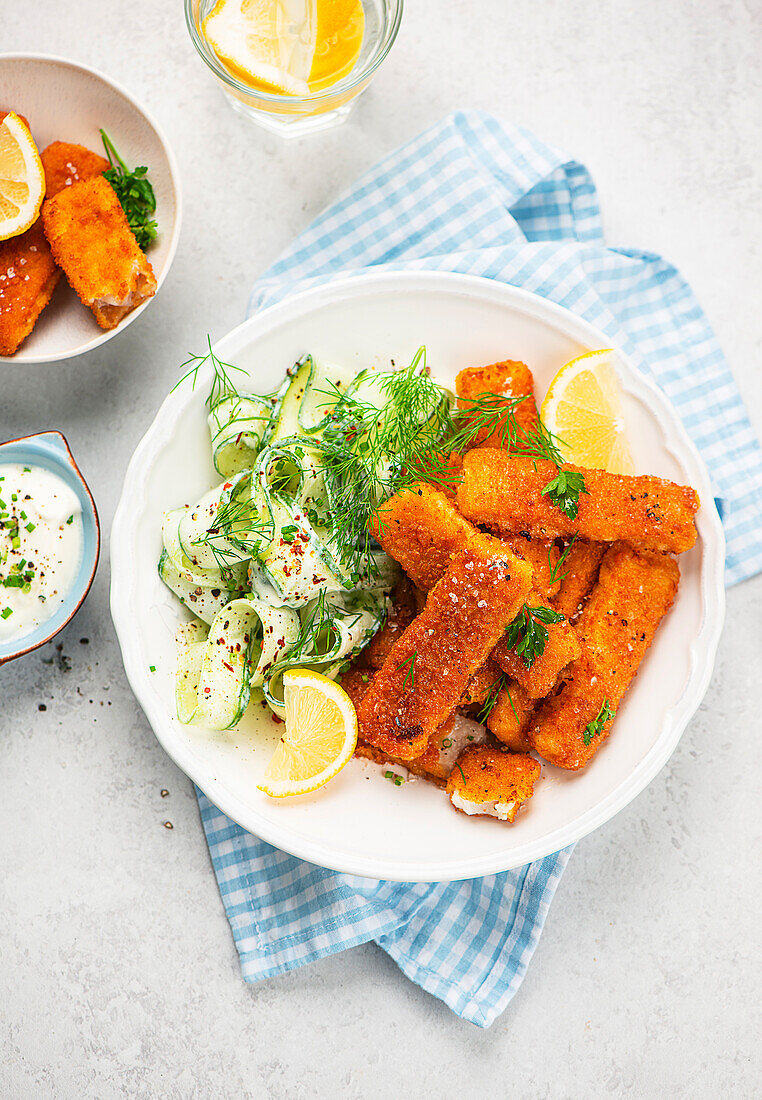 Fish goujons with cucumber salad