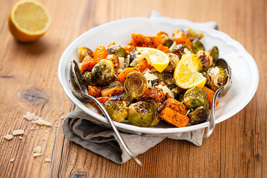 Rosenkohl und Kürbis aus dem Backofen