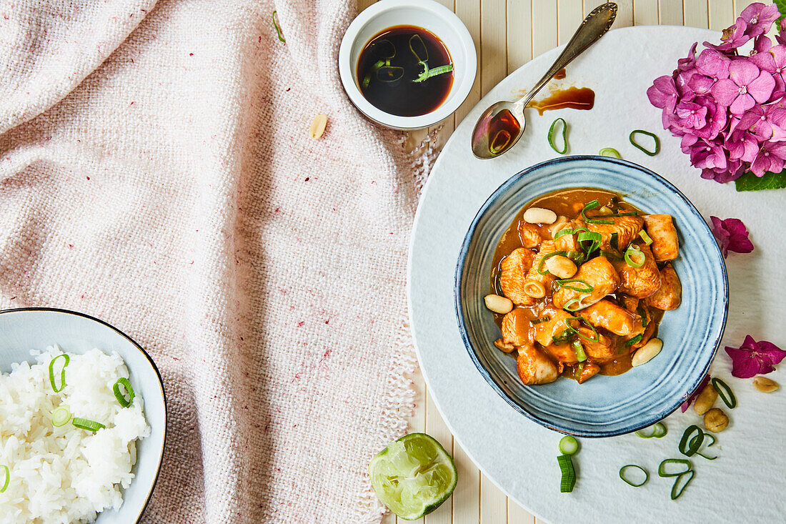 Chicken in peanut sauce served with rice