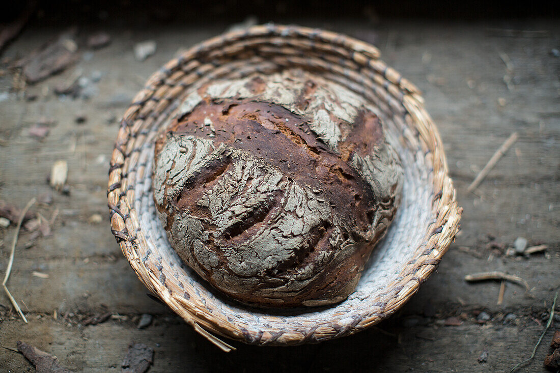 Rustic bread loaf in a basket