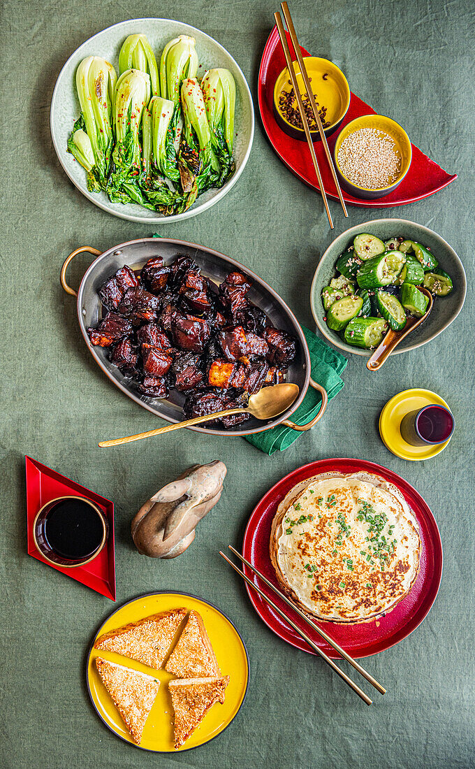 Chinese New Year (Rabbit) with Prawn Toasts, Spring Onion Panckaes, Bashed Cucumber Salad, Red Braised Pork Belly and Asian Greens
