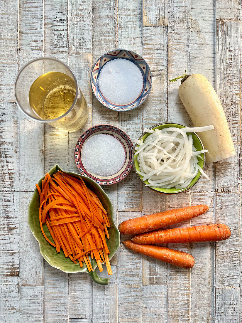 Ingredients for Do Chua - pickled radish and carrots from Vietnam