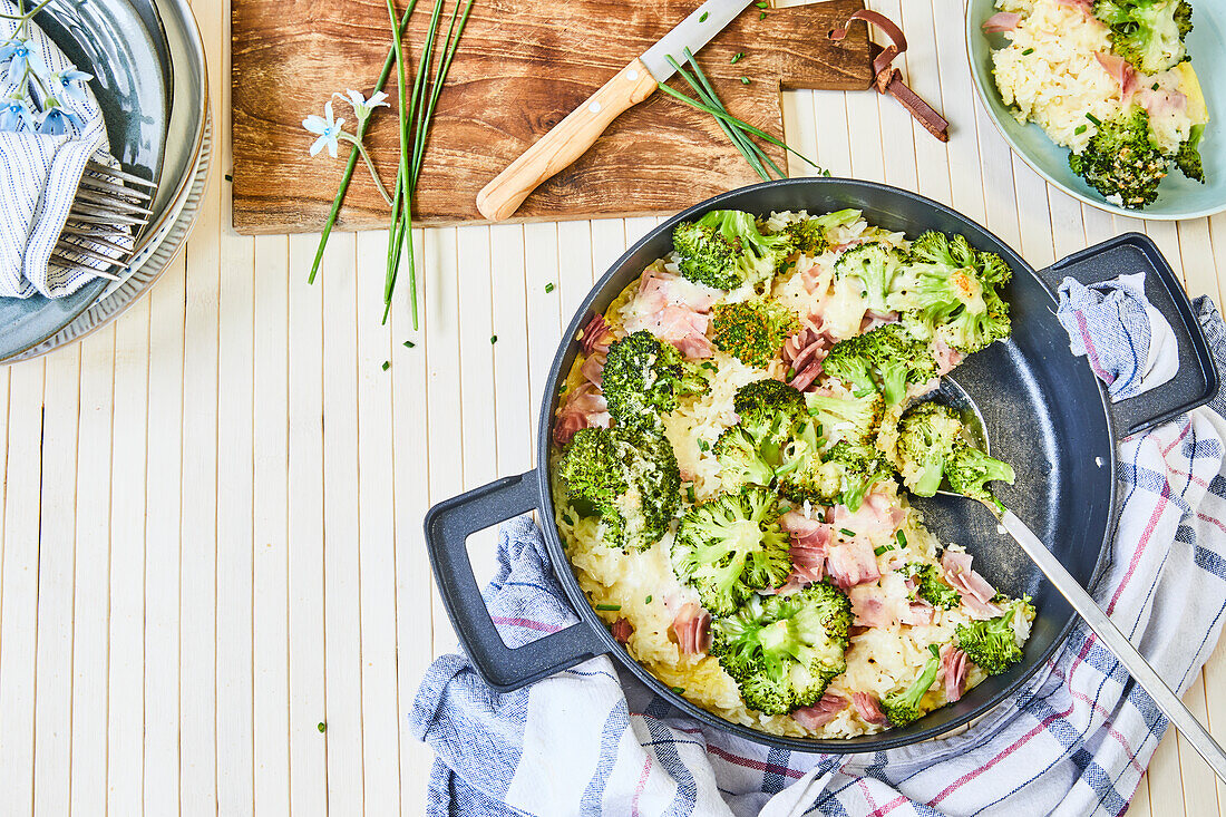 Rice, ham and broccoli casserole in a pan
